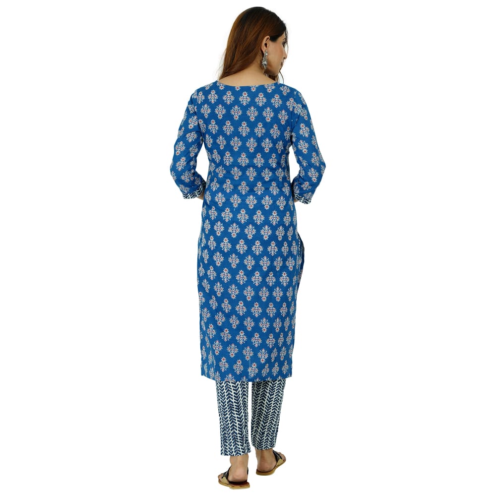 Blue Flower Print Cotton Stitched Suit Set with Kurti & Pant