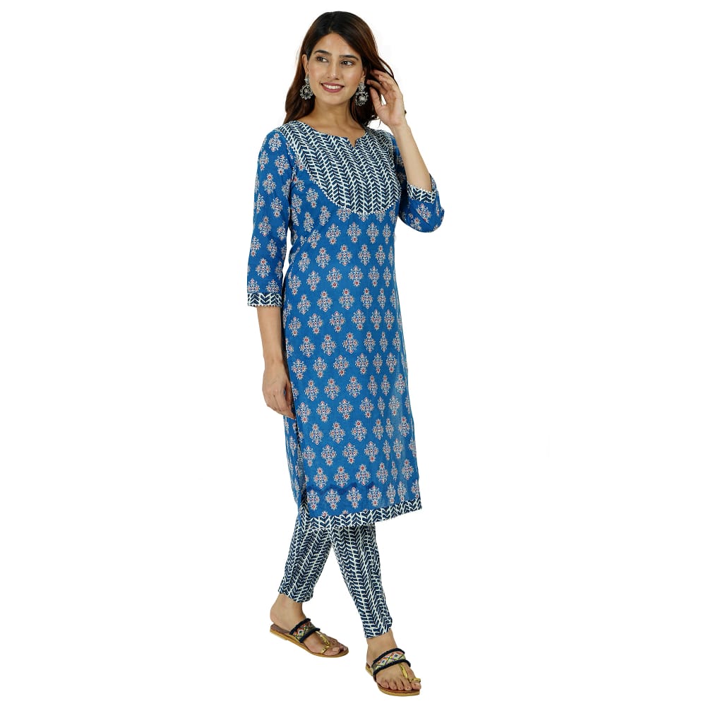 Blue Flower Print Cotton Stitched Suit Set with Kurti & Pant