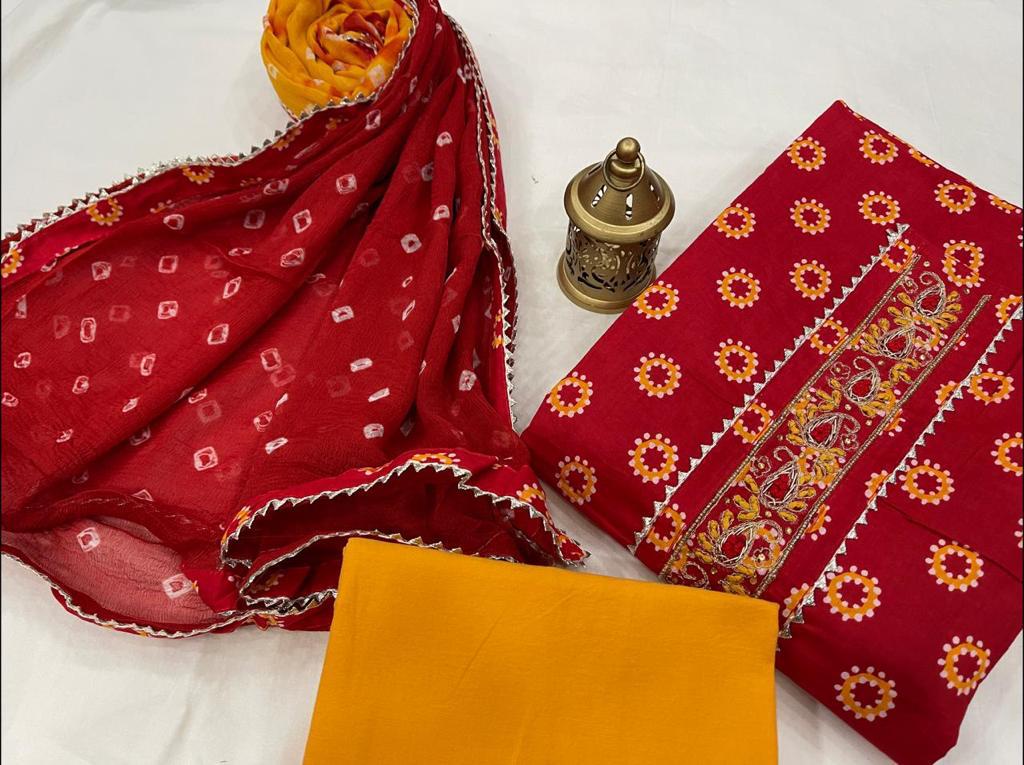 Red Flower Print Gota Work Cotton Unstitched Suit Set with Chiffon Dupatta