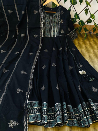 Black Flower Print Rayon Gown