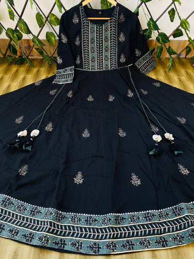 Black Flower Print Rayon Gown
