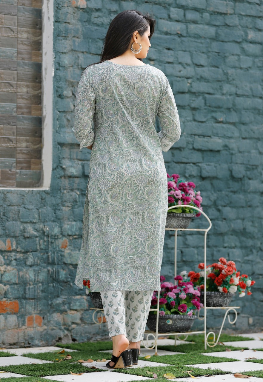 Light Green Flower Print Stitched Cotton Suit Set with Kurti & Pant