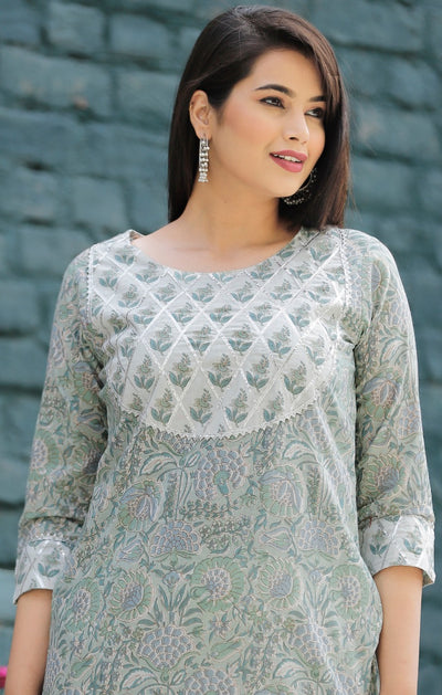 Light Green Flower Print Stitched Cotton Suit Set with Kurti & Pant