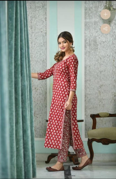 Red Flower Print Rayon Stitched Suit Set with Kurti & Pant