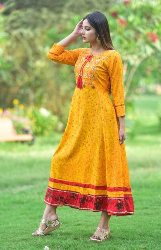 Yellow Flower Print Rayon Long Gown