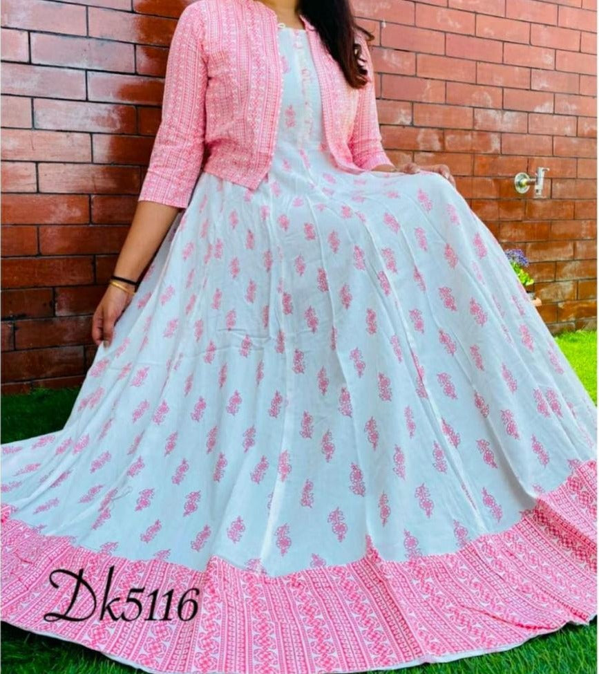 Pink Flower Print Rayon Gown with Jacket