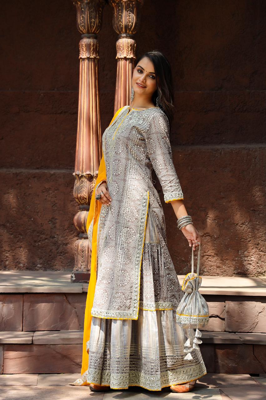 Gray Printed Cotton Sharara Stitched Suit Set