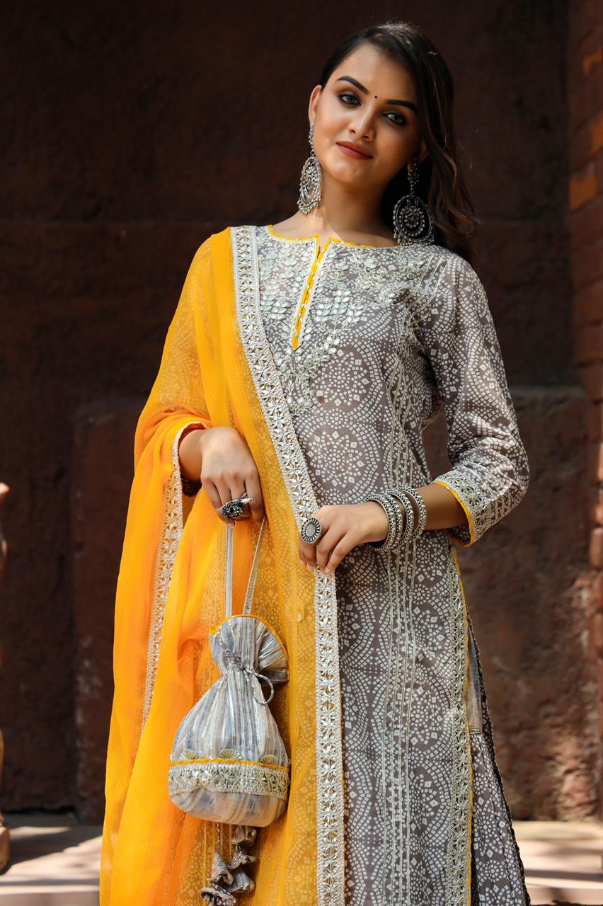 Gray Printed Cotton Sharara Stitched Suit Set