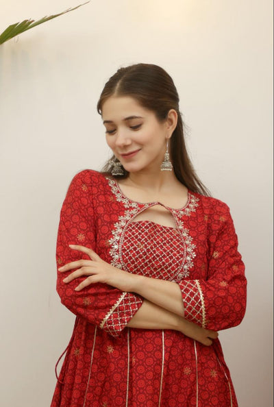 Red Flower Print Cotton Anarkali Gown