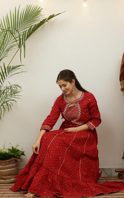 Red Flower Print Cotton Anarkali Gown