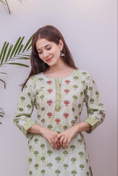 Green Flower Print Cotton Stitched Suit set with Kurti & Pant