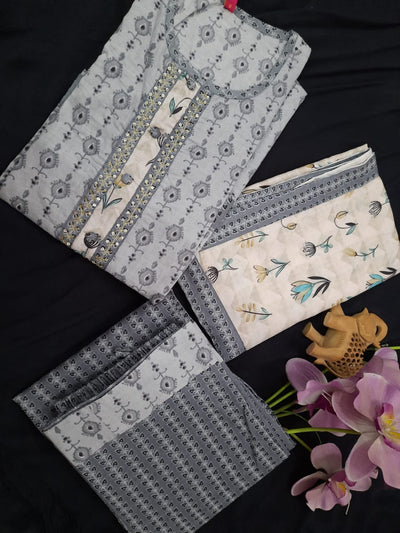 Gray Flower Print Cotton Stitched Suit set with Kurti, Palazzo & Muslin Dupatta