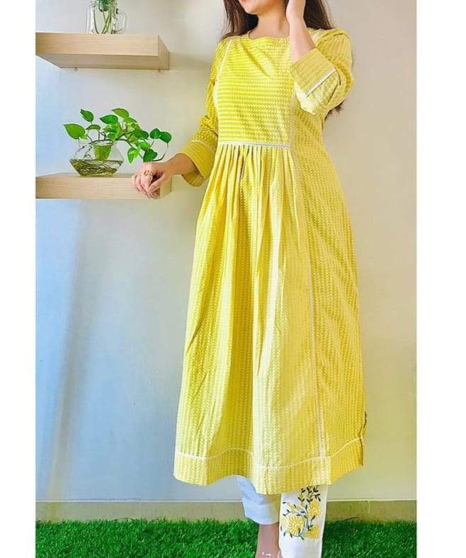 Yellow Stripes Print Rayon Stitched Suit Set with Kurti & Pant