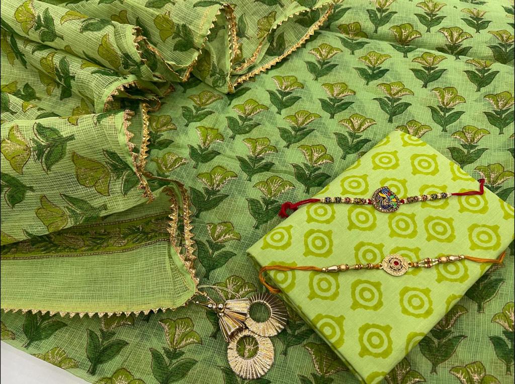 Green Flower Print Kota Doria Unstitched Suit Set with Kota Doria Dupatta