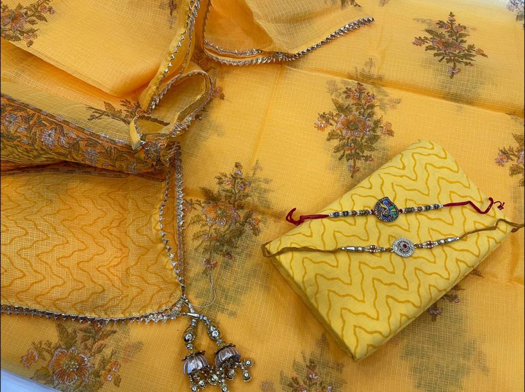 Yellow Flower Print Kota Doria Unstitched Suit Set with Kota Doria Dupatta