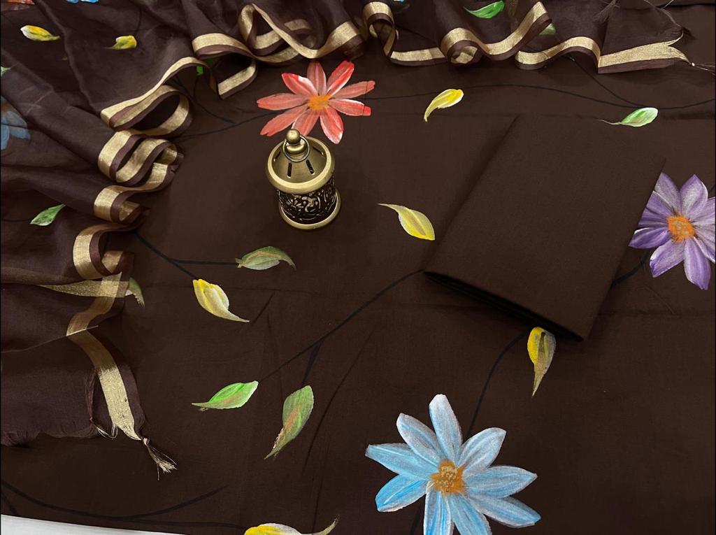 Brown Flower Print Cotton Unstitched Suit Set with Kota Silk Dupatta