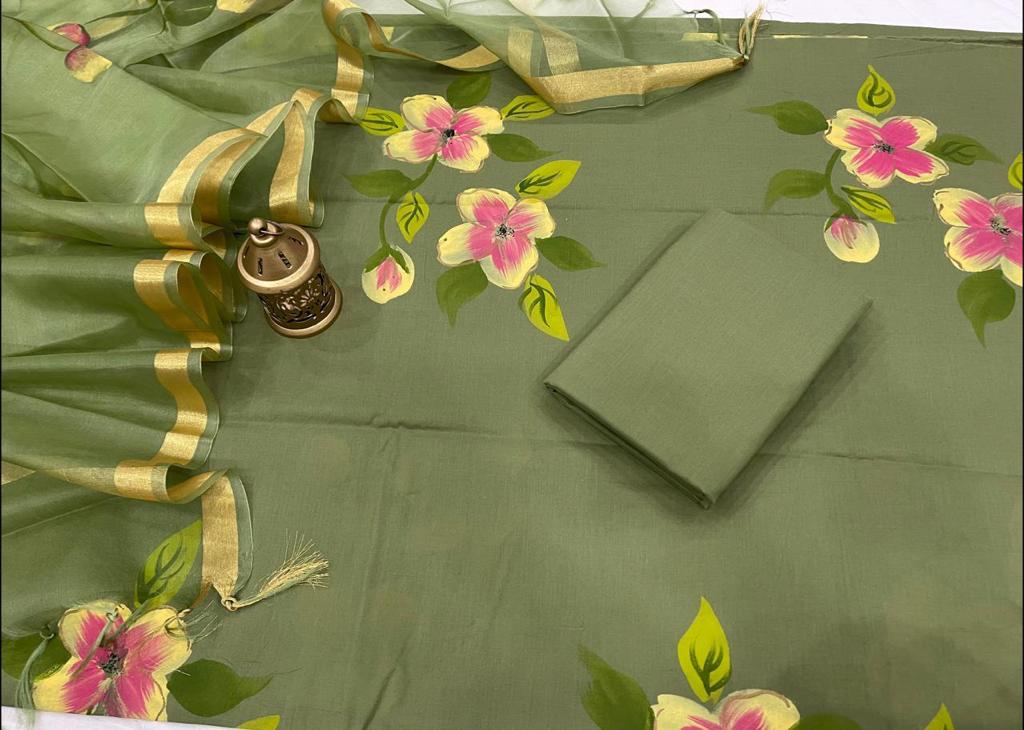 Green Flower Print Cotton Unstitched Suit Set with Kota Silk Dupatta