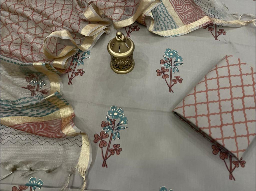 Gray Flower Print Cotton Unstitched Suit Set with Kota Silk Dupatta