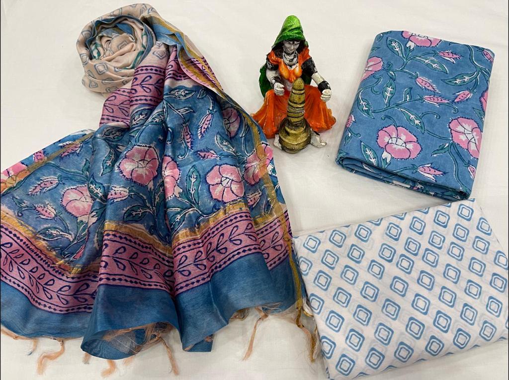 Blue Flower Print Cotton Suit Set with Chanderi Duppatta