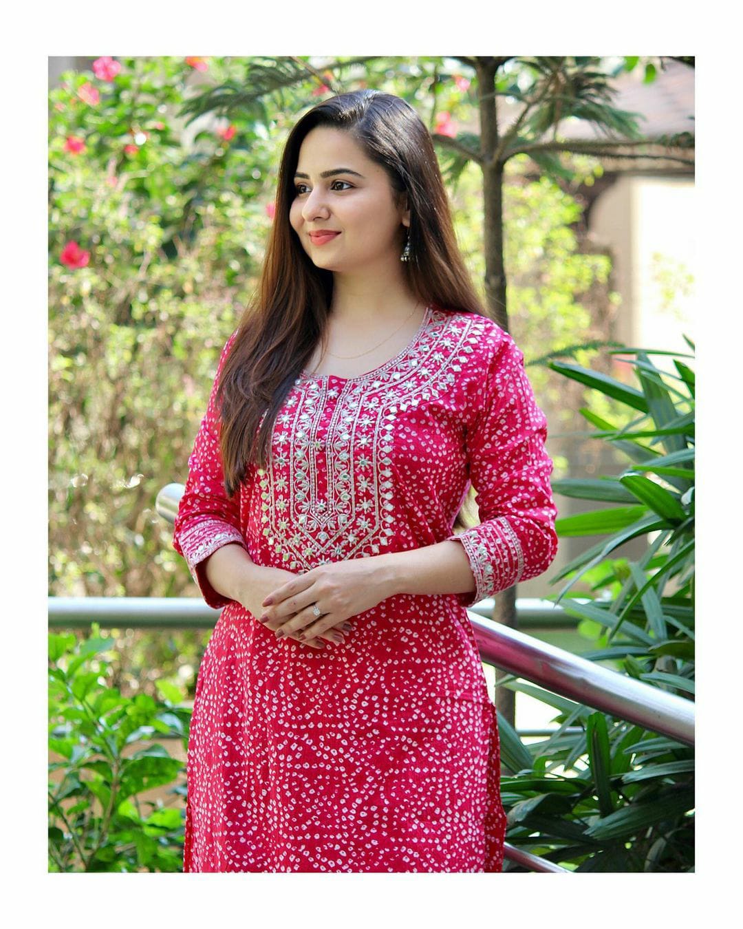 Pink Flower Print Cotton Stitched Suit Set with Kurti & Pant