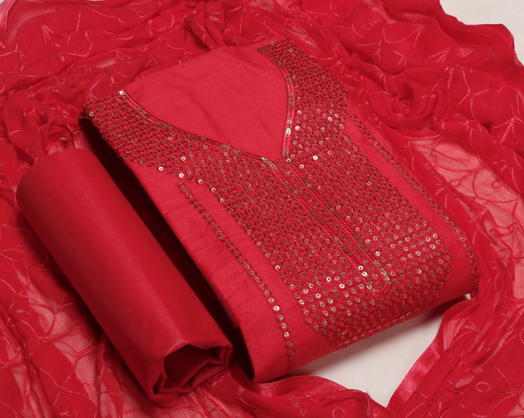 Red Zam Silk Lock Moti Diamond Work Cotton Unstitched Suit Set with Dupatta