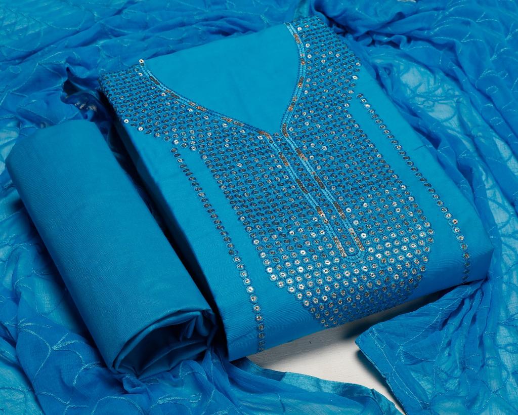 Blue Zam Silk Lock Moti Diamond Work Cotton Unstitched Suit Set with Dupatta