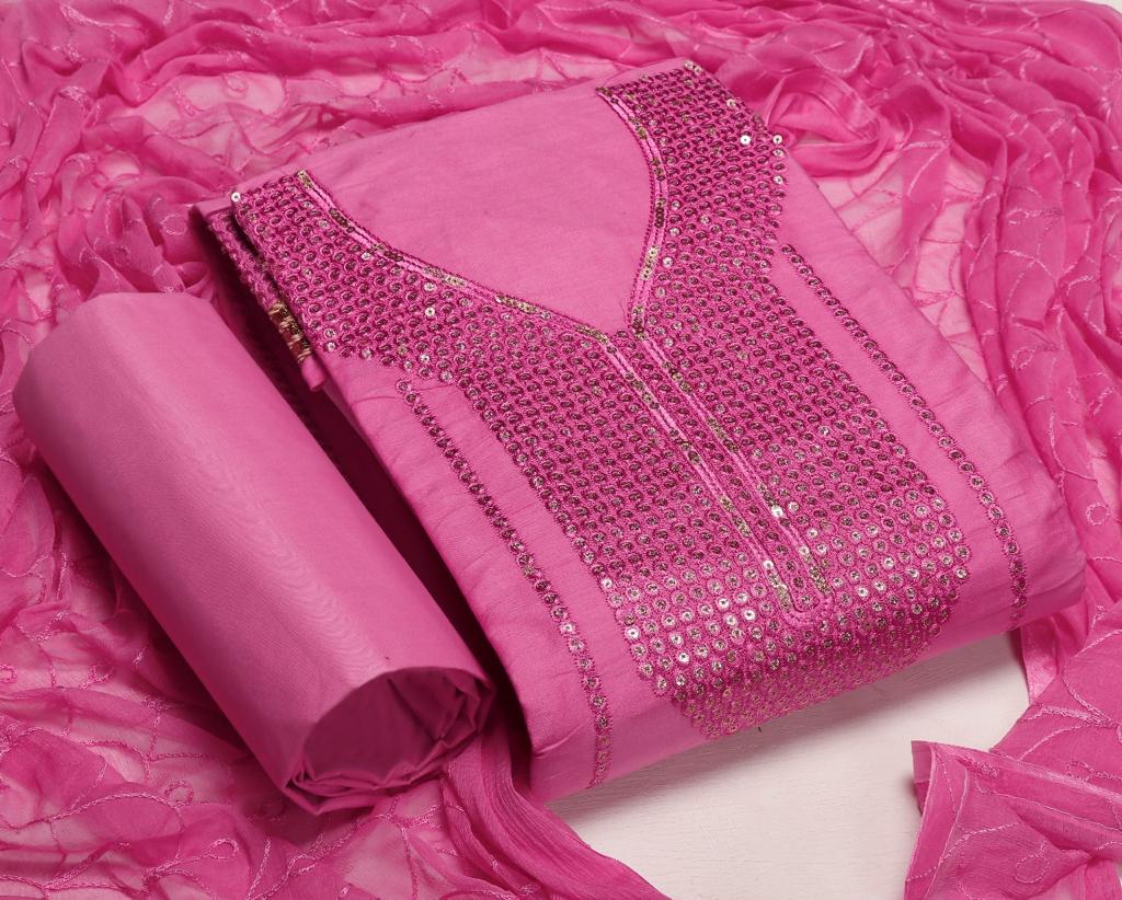 Pink Zam Silk Lock Moti Diamond Work Cotton Unstitched Suit Set with Dupatta