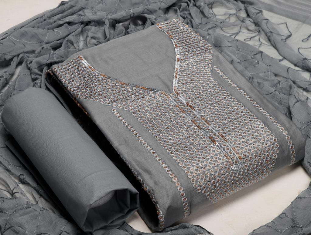 Gray Zam Silk Lock Moti Diamond Work Cotton Unstitched Suit Set with Dupatta