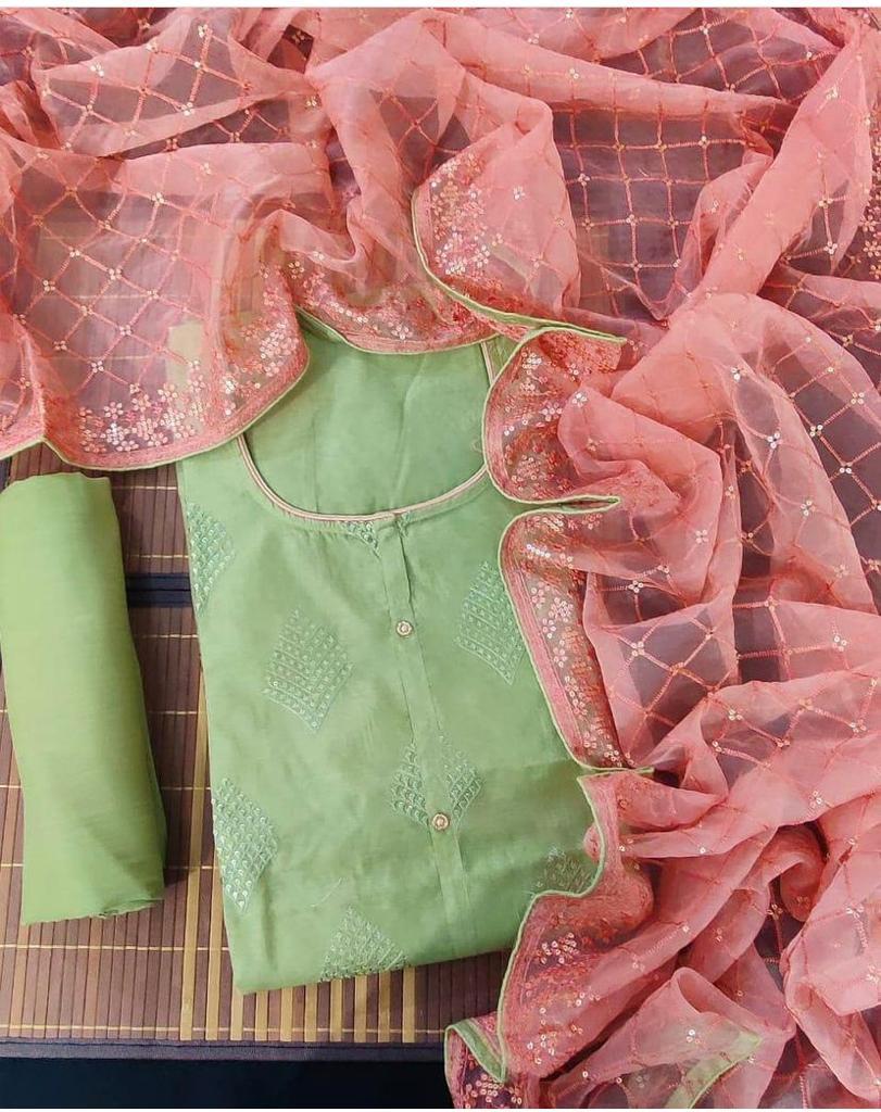 Green Semi Modal Santoon Multi Work Unstitched Suit Set with Organza Silk dupatta