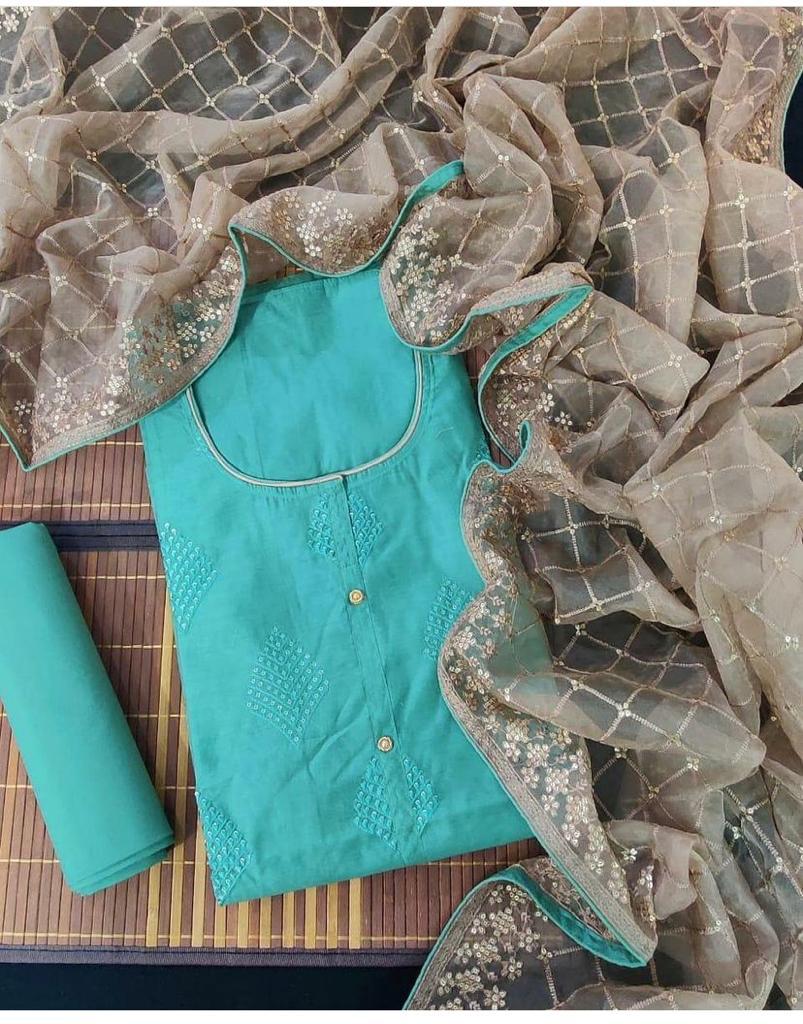 Blue Semi Modal Santoon Multi Work Unstitched Suit Set with Organza Silk dupatta