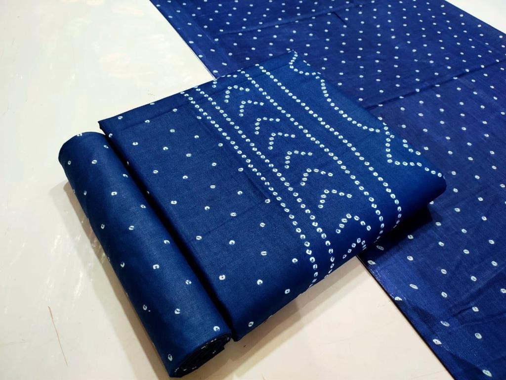 Blue Bandhej Print Unstitched Suit Set with Dupatta