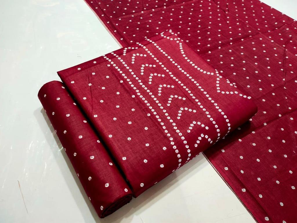 Maroon Bandhej Print Unstitched Suit Set with Dupatta