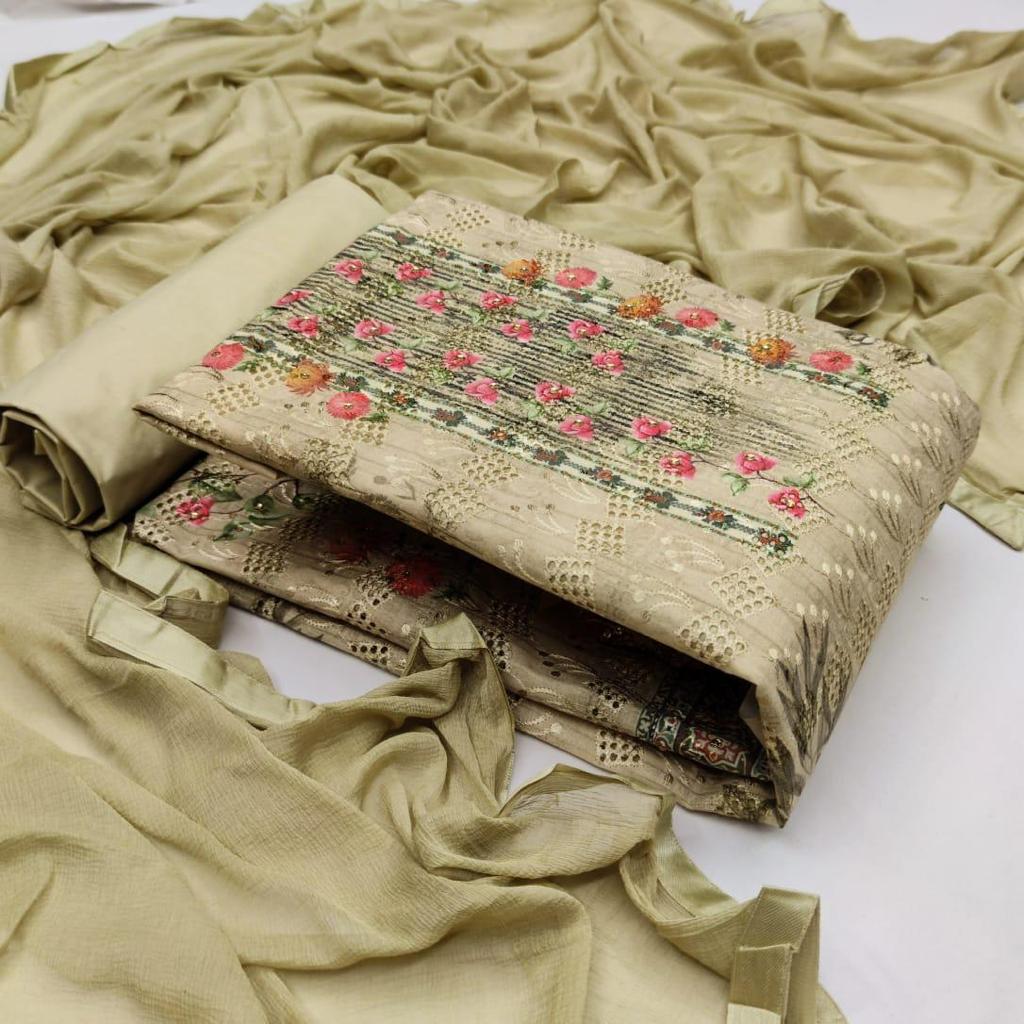 Green Chikan Work & Digital Print Cotton Unstitched Suit Set with Dupatta