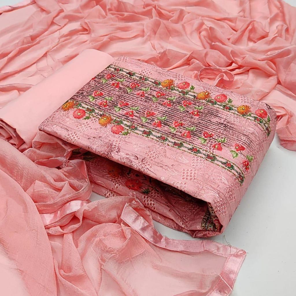 Pink Chikan Work & Digital Print Cotton Unstitched Suit Set with Dupatta