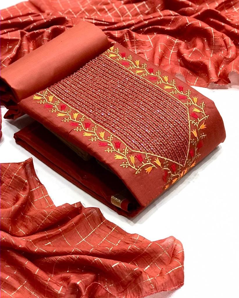 Red Heavy Work Slub Cotton Unstitched Suit Set with Dupatta