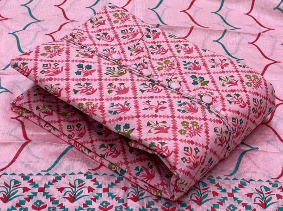Pink Flower Printed Cotton Unstitched Suit Set with Dupatta