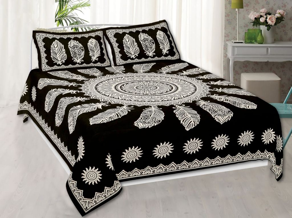 Black Base White Feather Print King Size Cotton Bed Sheet