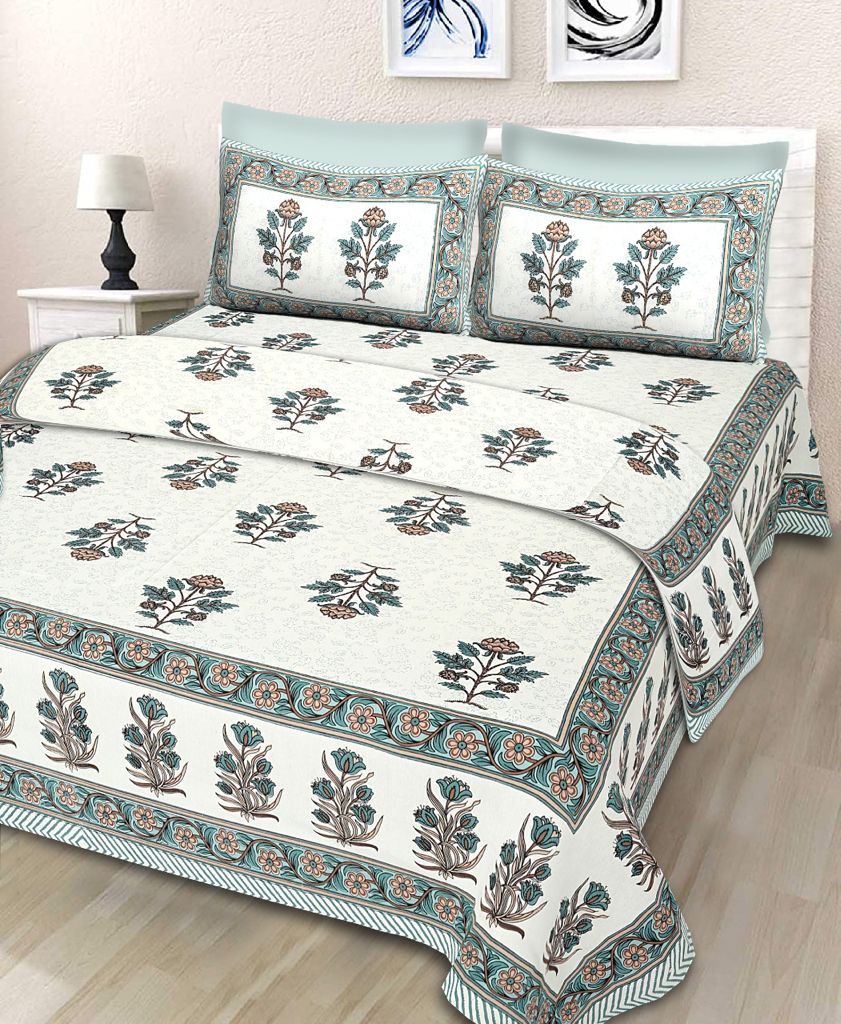 Beautiful White Base Green with Brick Red Mughal Block Boota Pattern Designer King Size Pure Cotton Bed Sheet