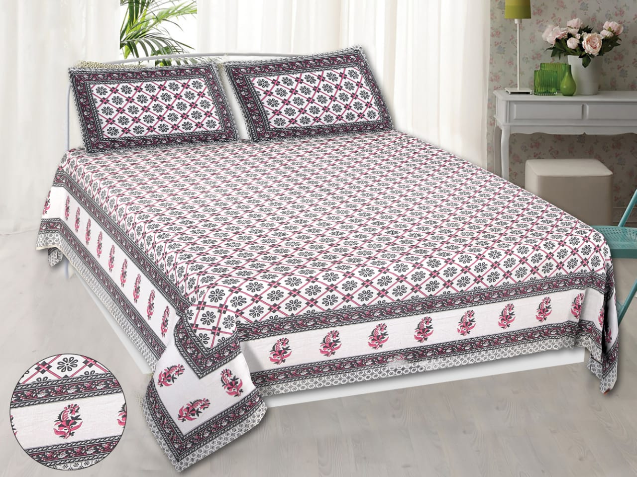 Beautiful White Base Pink Mughal Block Boota Pattern Designer King Size Pure Cotton Bed Sheet