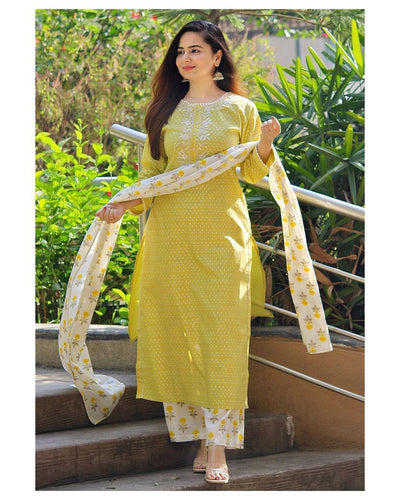 Yellow Flower Print Rayon Stitched Suit set With Kurti, Pant & Dupatta