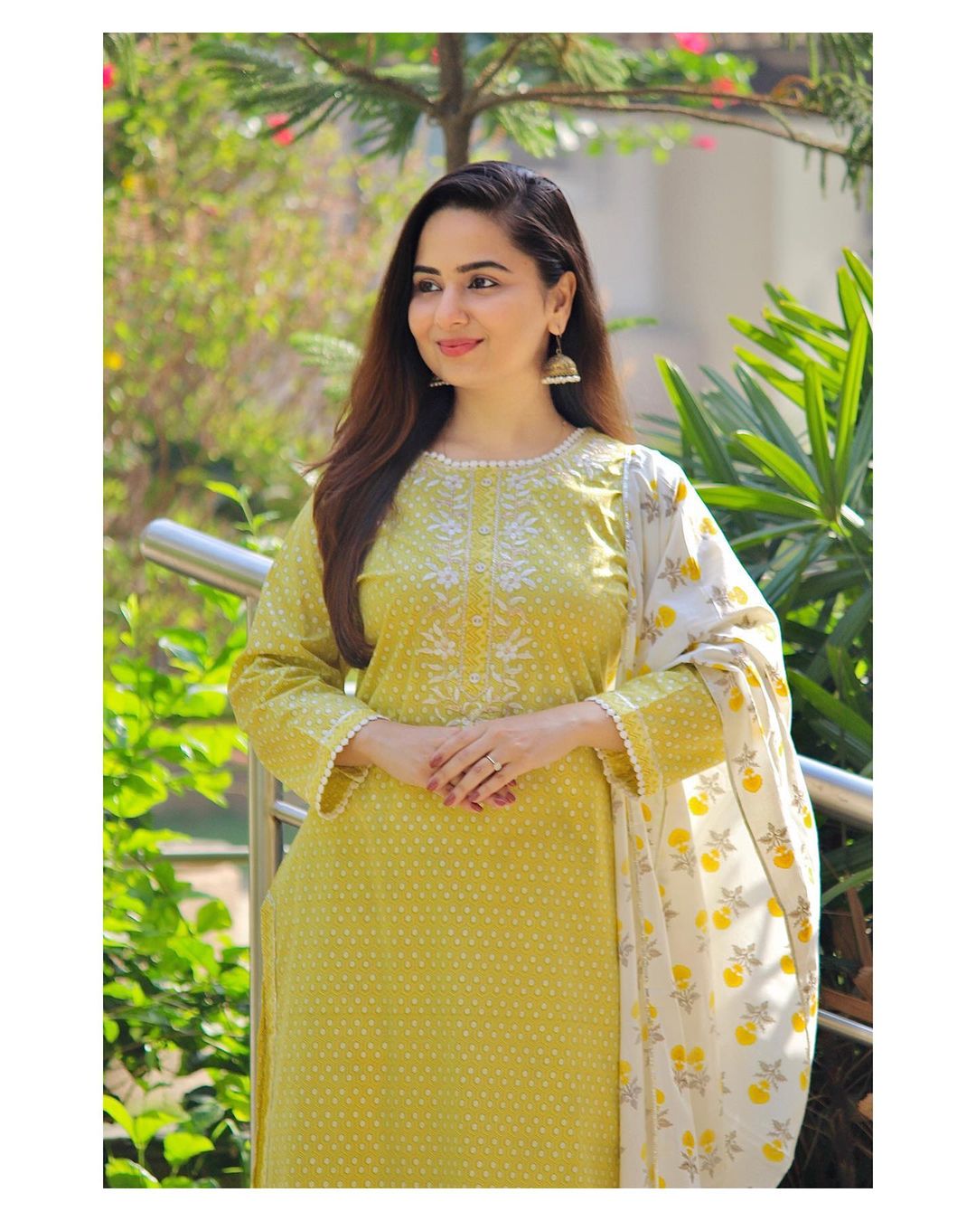 Yellow Flower Print Rayon Stitched Suit set With Kurti, Pant & Dupatta