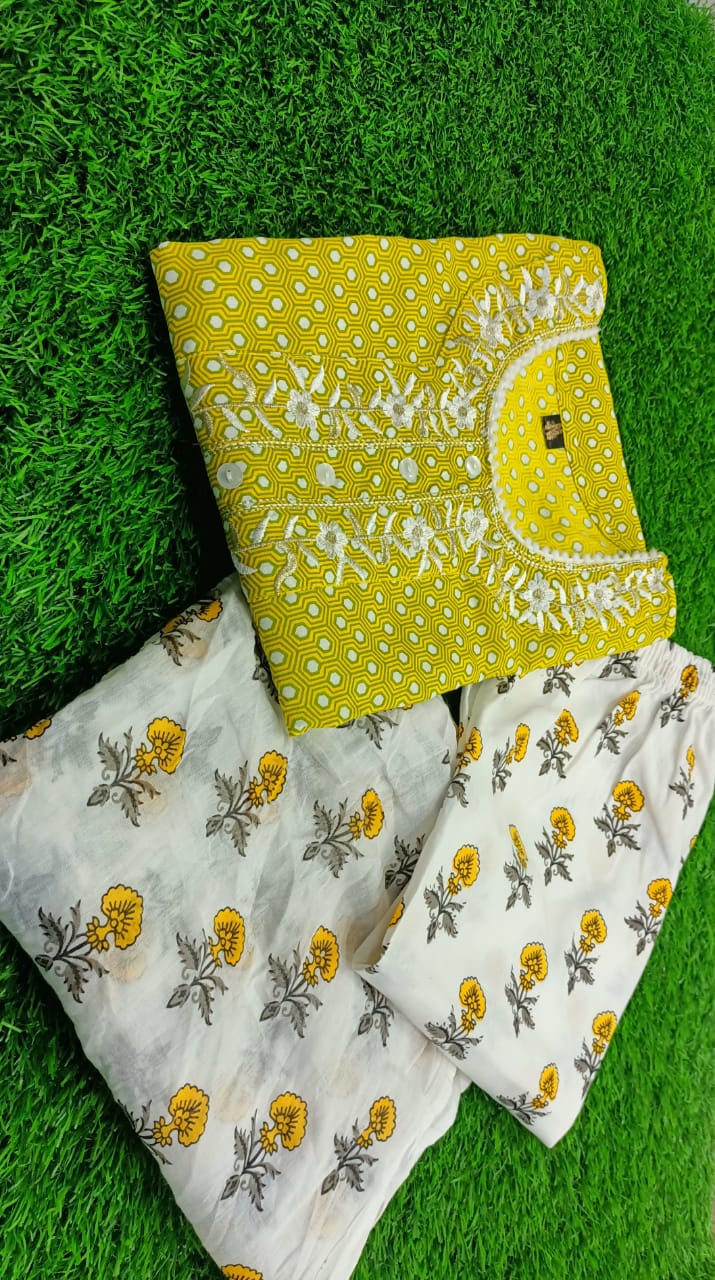 Yellow Flower Print Rayon Stitched Suit set With Kurti, Pant & Dupatta