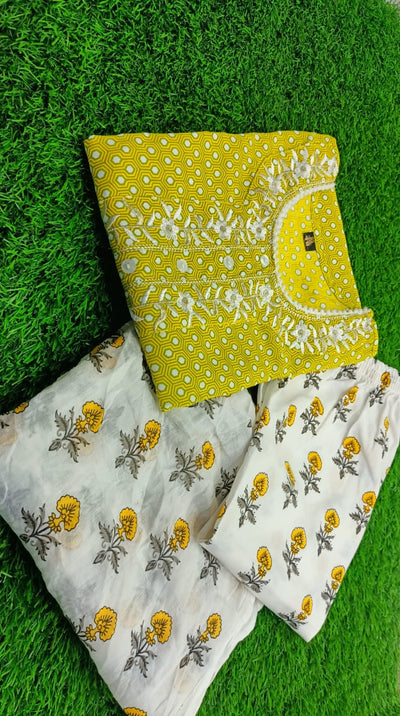 Yellow Flower Print Rayon Stitched Suit set With Kurti, Pant & Dupatta