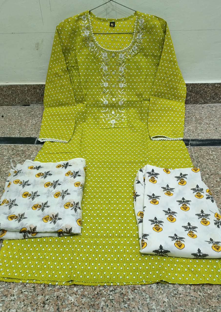 Yellow Flower Print Rayon Stitched Suit set With Kurti, Pant & Dupatta