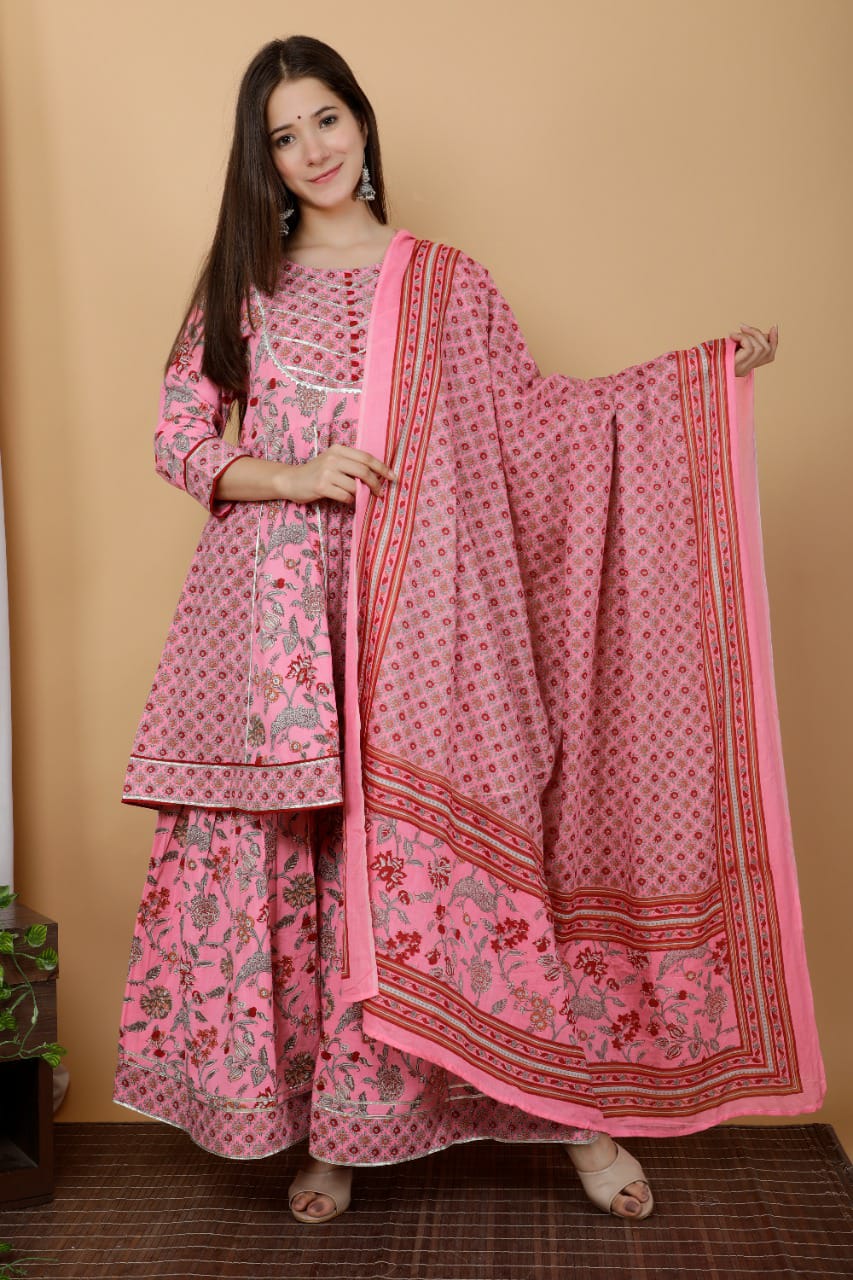 Pink Flower Print Cotton Sharara Stitched Suit set with Kurti, Pant & Dupatta