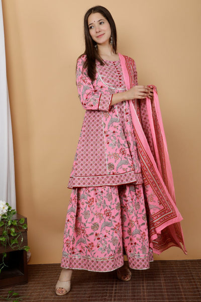 Pink Flower Print Cotton Sharara Stitched Suit set with Kurti, Pant & Dupatta
