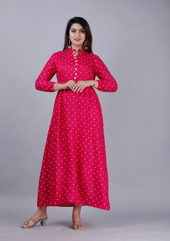 Pink Polka Dots Print Rayon Gown