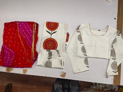 Cream Bandhej Print Rayon Stitched Suit Set with Kurti, Palazzo & Dupatta