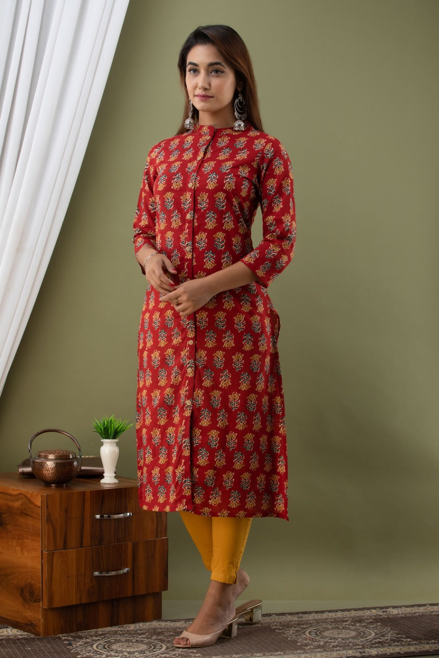 Red Flower Print Cotton A - Line Kurti