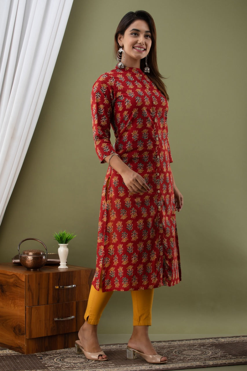 Red Flower Print Cotton A - Line Kurti